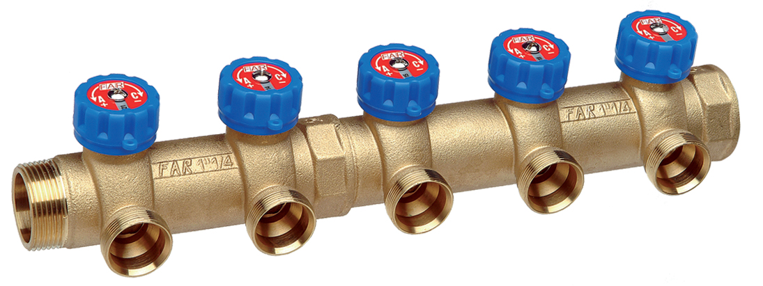 Регулирующий коллектор 1 1/4" (НР - ВР) c 4-мя отводами 1” (межосев. 70 мм)