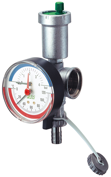 Хромированный узел 1 1/4"(ВР-ВР) с авт. воздухоотвод., термоманометром(0-4 бар, 0-120 С) и сливным к