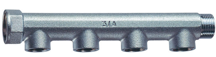 Коллектор 1" (ВР-НР) с 4 отв. 1/2" ВР (межосев. 50 мм)