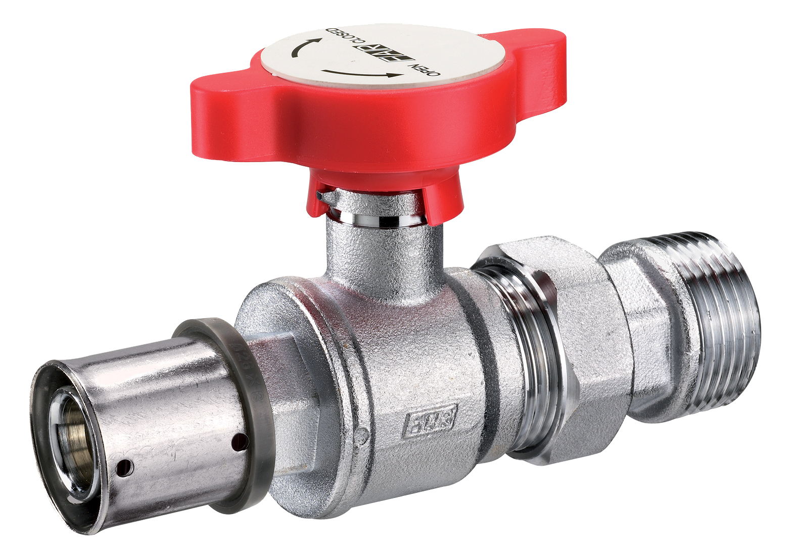 Кран шар. под термометр,  3/4" (американка-Ø 32X3 PRESSFAR), хром., красн.ручка