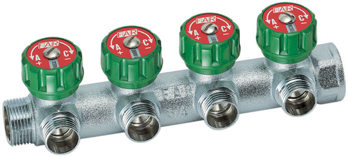 Коллектор регулирующий 1" (ВР-НР) с 4 отв. 1/2"EU с вставкой под плоское уплотнение