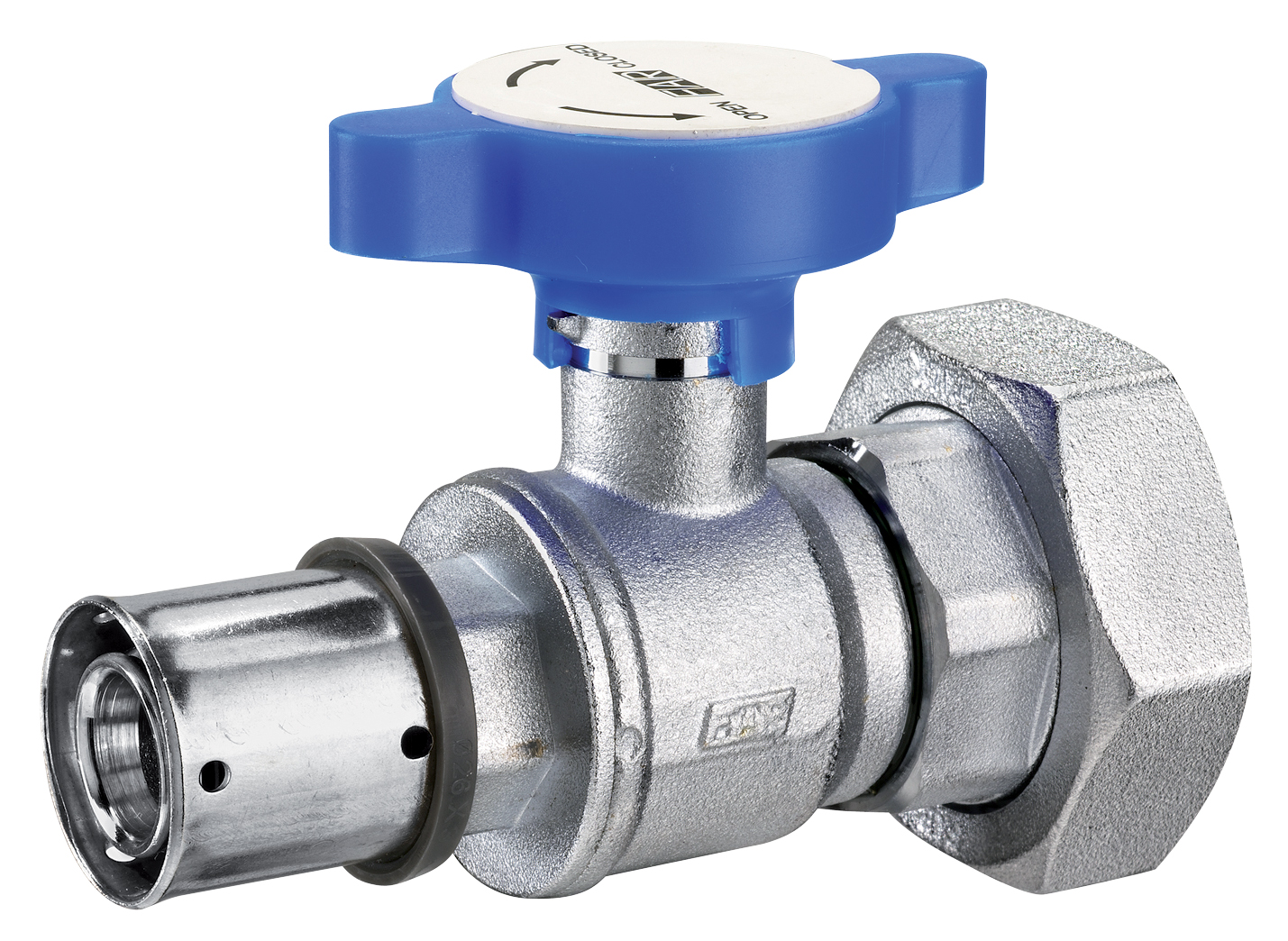 Кран шар. под термометр, хром.,1"1/2 (накидн.гайка-Ø26X3 PRESSF) син.ручка