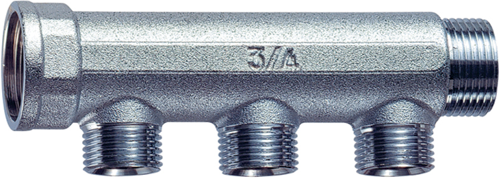 Хромир.проходн.коллектор 3/4" ВР-НР 3 отв. 1/2" НР под плоск.уплотн.