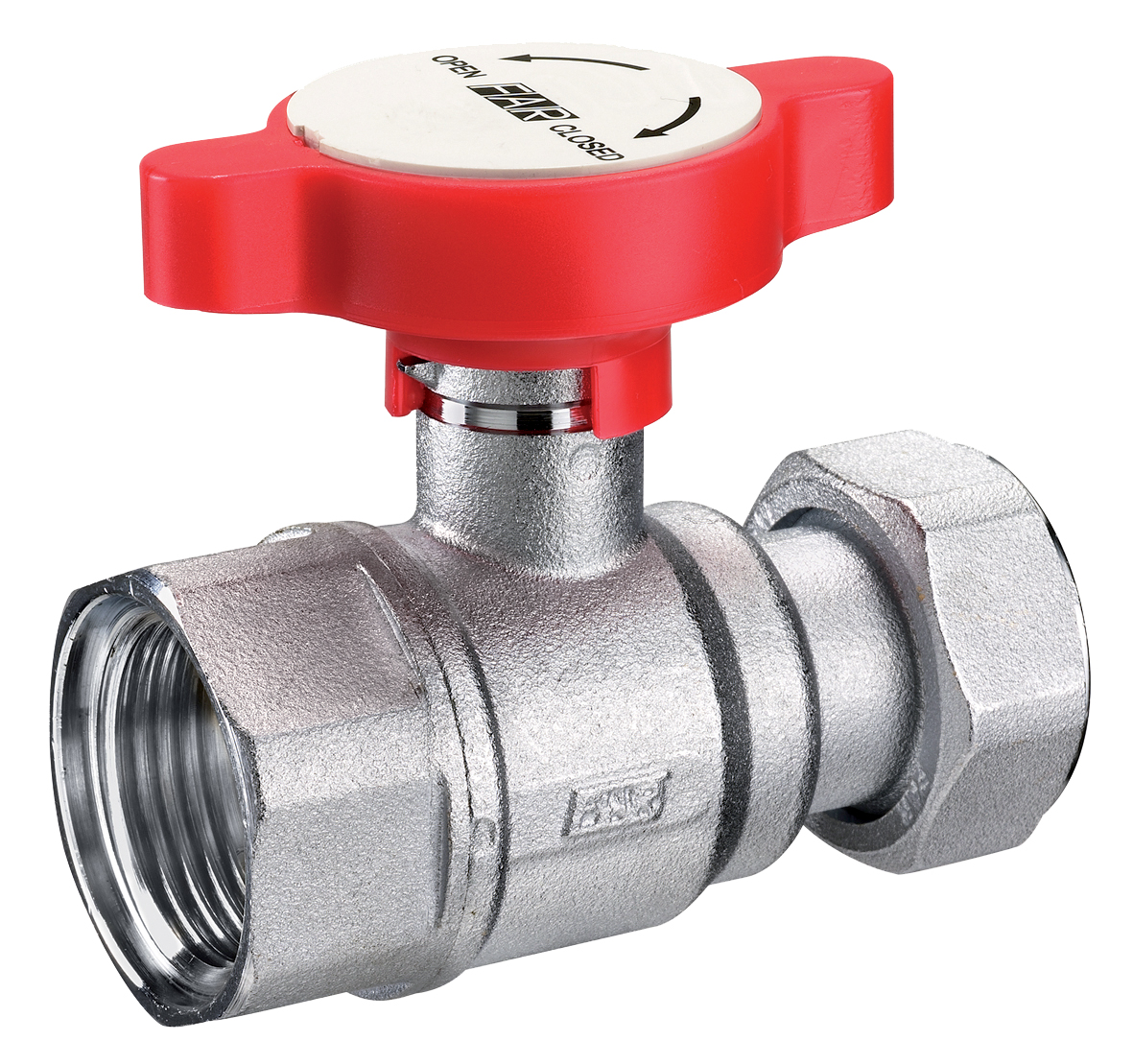 Кран шар., 3/4", хром., с накид.гайкой 1", красная ручка