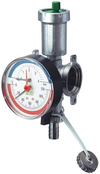 Фланцевый хром. узел 1" с авт.воздухоотводчиком, термоманометром и сливным краном