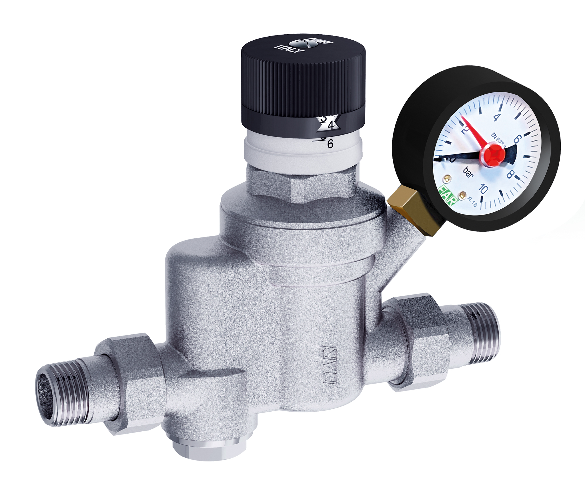 Редуктор с фильтром хром. 1/2" (НР-НР) с визуализацией давления, с манометром, 600 мкм