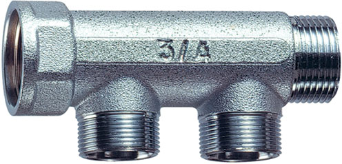 Хромир.проходн.коллектор 3/4" ВР-НР 2 отв. 1/2" НР под плоск.уплотн.