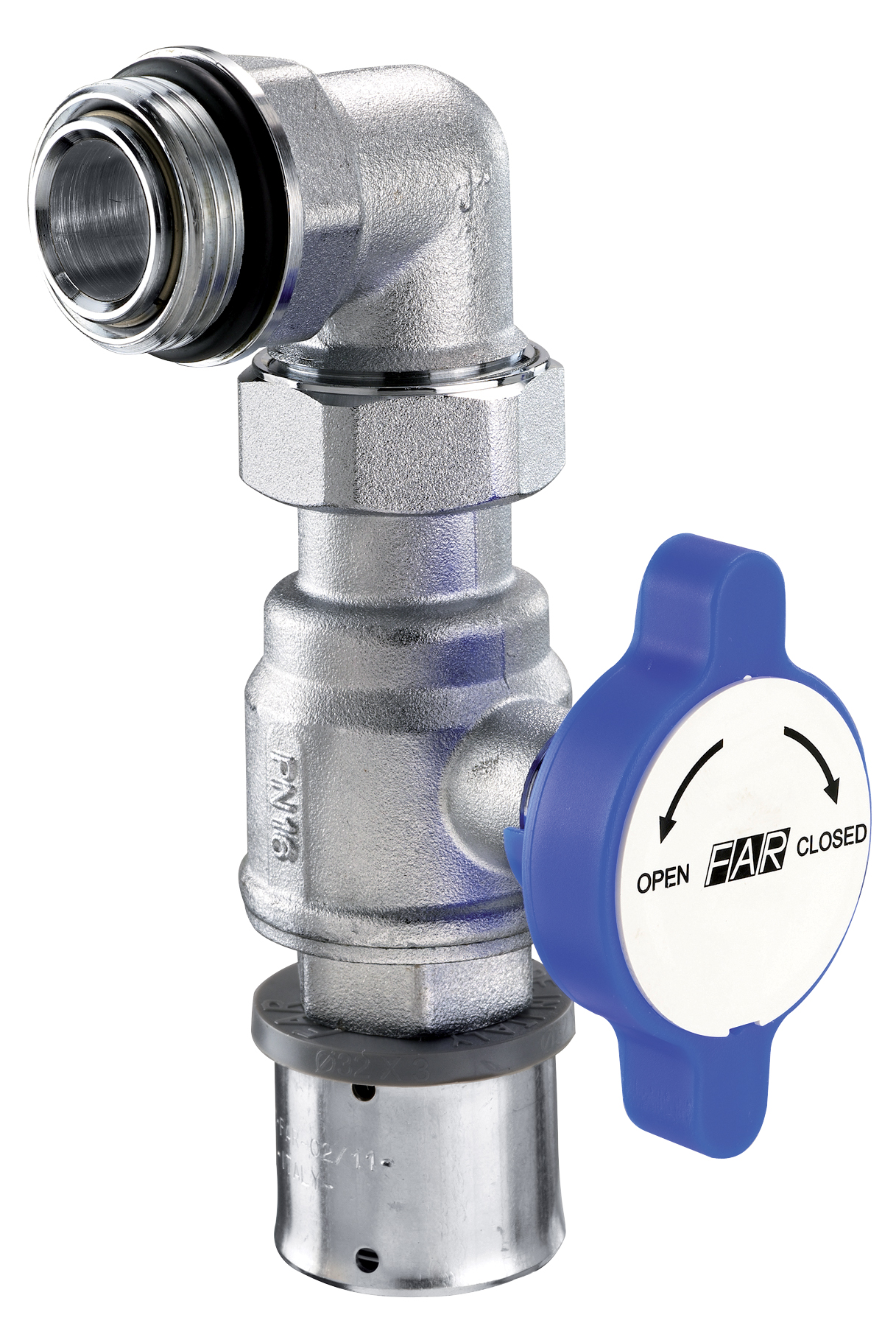 Кран шар.хром. под термометр, с угольником,  1"(НР c EPDM - Ø 32X3 PRESSFAR), син. ручка