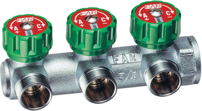 Концевой регулирующий коллектор с 3 отв. 3/4" x 1/2" (д. р.)