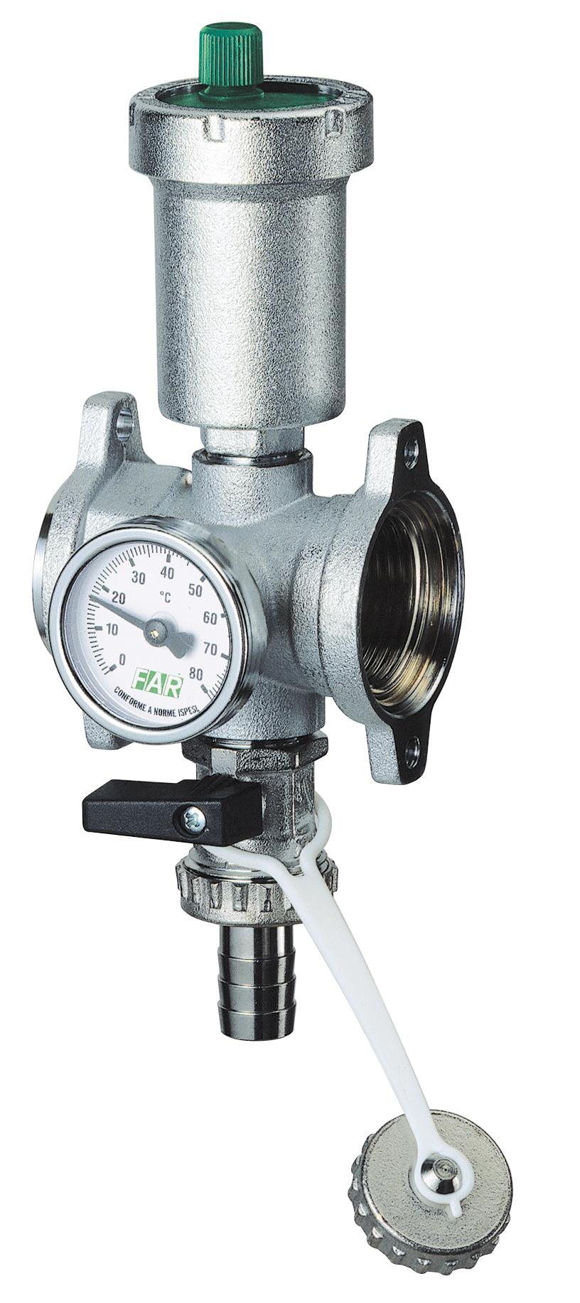 Фланцевый хром. узел 1" с авт.воздухоотводчиком, термометром и сливным краном